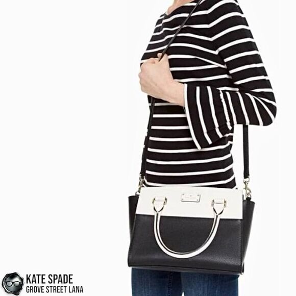 KATE SPADE GROVE STREET LANA LEATHER SATCHEL IN BLACK/CREAM WITH CROSSBODY STRAP - Picture 2 of 14